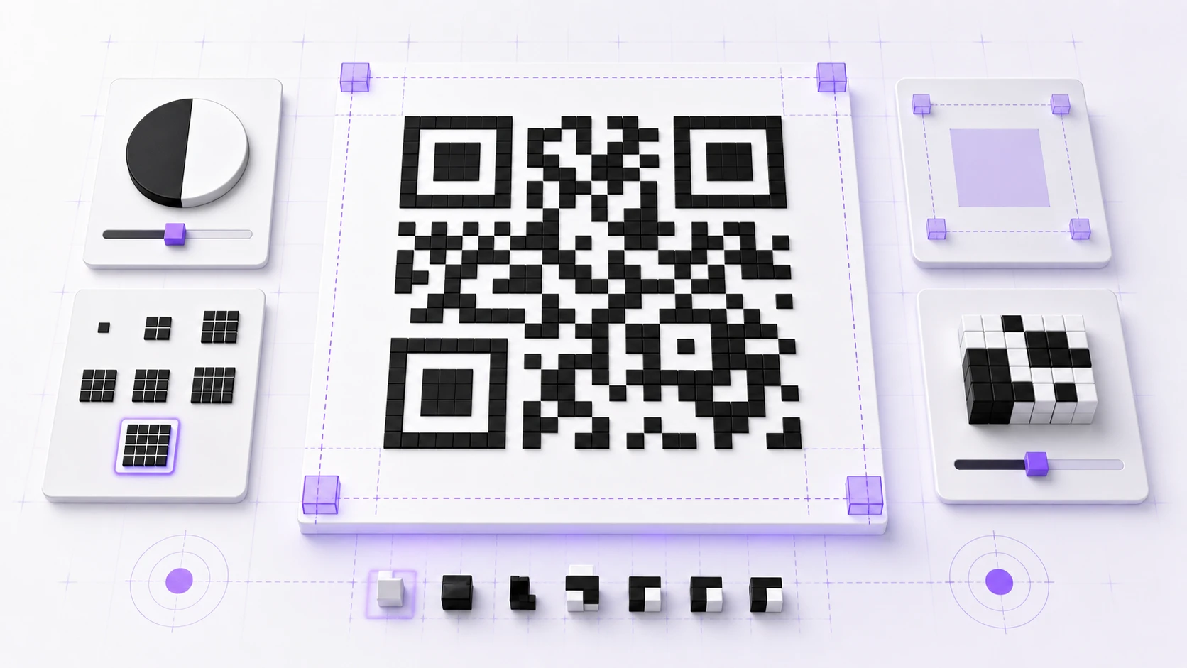 An illustration of a QR code on a design canvas surrounded by panels for contrast, module shape and corner styling.