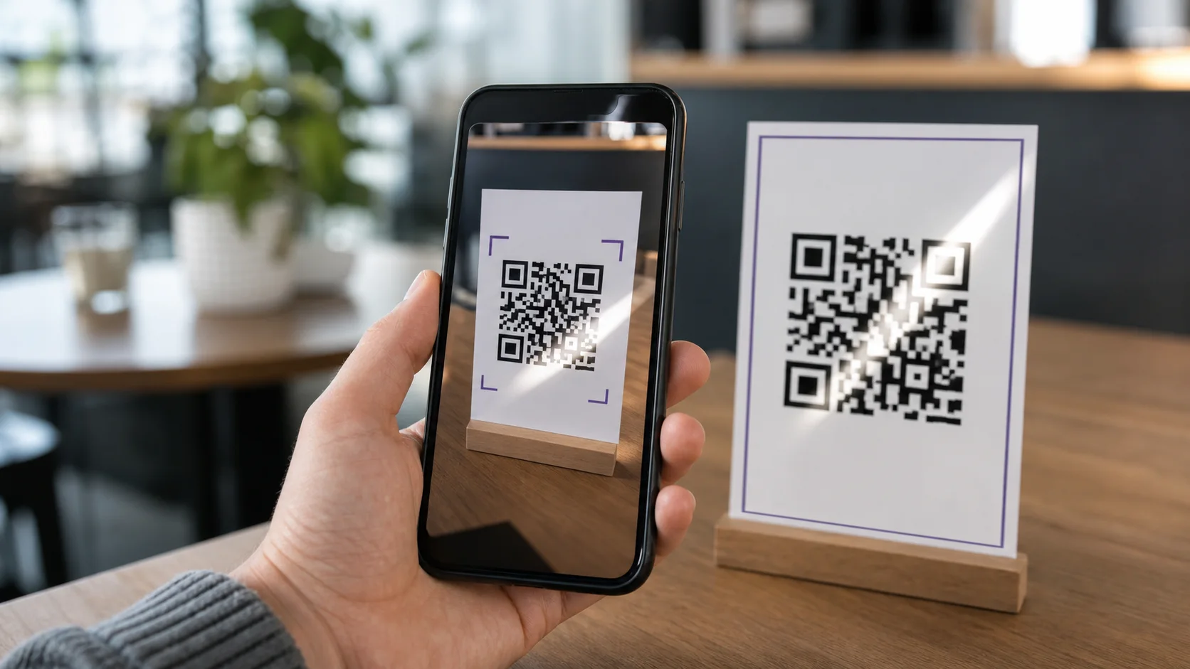 A hand holding a phone whose camera is framing a QR code on a wooden table stand in a cafe.
